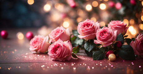Pink roses on bokeh background. Cute wallpaper. 