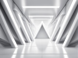 long light corridor modern white background futuristic sci fi triangle tunnel - obrazy, fototapety, plakaty