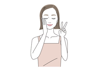 目を閉じ笑顔でピースをしている女性