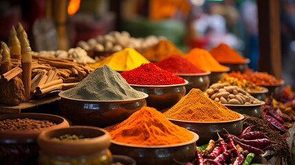 A colorful market scene showcasing spices, herbs, and exotic ingredients © Cloudyew