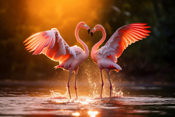 Flaningo fight, American flamingo, Phoenicopterus rubernice, pink big bird, dancing in water, animal in the nature habitat, soft light photography