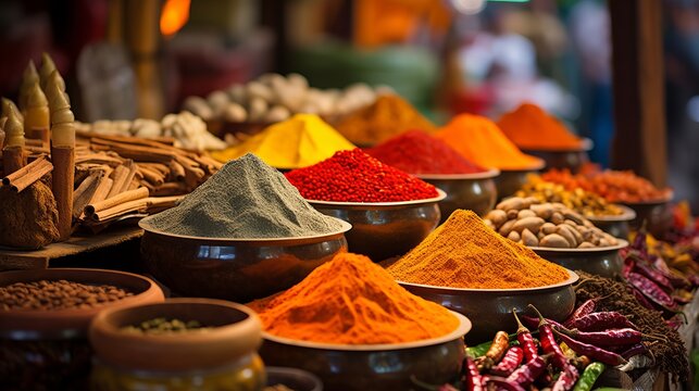 A colorful market scene showcasing spices, herbs, and exotic ingredients