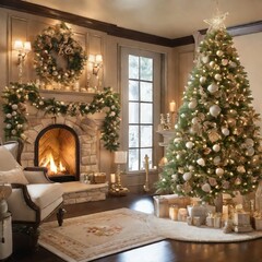 a decorated christmas tree in a living room,luxurious wooden cottage, full scene shot, colorful trees
