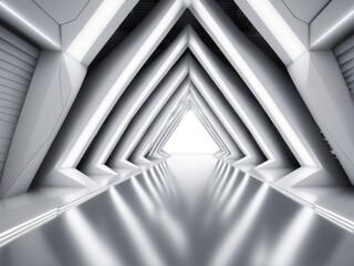 long light corridor modern white background futuristic sci fi triangle tunnel