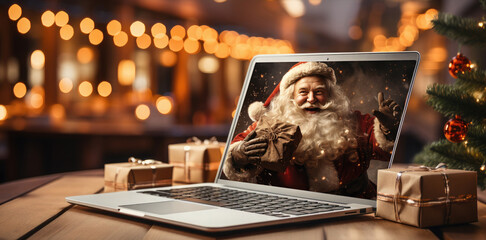 Santa Claus with boxes of gifts in his hands on laptop video call interface screen. ?hristmas, festivity and communication technology.Online congratulations. Congratulations during the coronavirus