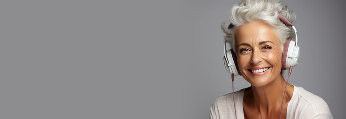 Beautiful elderly happy woman with headphones on gray background. Banner. Copy space for text - obrazy, fototapety, plakaty