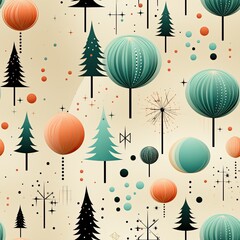 Christmas backdrop with christmas,ball ornaments and trees, in the style of mid-century illustration, fluorescent colors, pastel colour, vintage-inspired designs