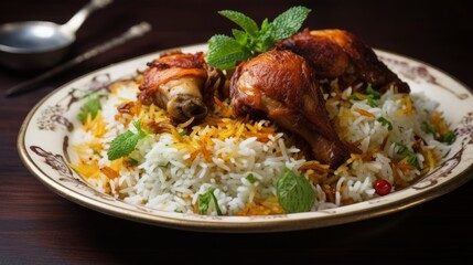 A close-up of fragrant biryani rice with tender chicken