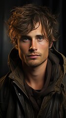 Fototapeta premium Young man looking at his side. Man face portrait illustration. Generative AI