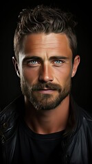 Obraz premium Closeup portrait of handsome smiling young man. Cheerful man on background studio shot. Man model face with beard and modern haircut. Man face portrait illustration. Generative AI