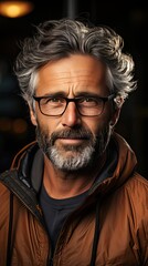 Portrait of happy mature man wearing spectacles and looking at camera outdoor. Man with beard and glasses feeling confident. Model portrait illustration. Generative AI