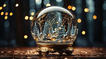 Magical empty snow globe with Christmas decorations and candles on table. Christmas snow globe. Generative AI