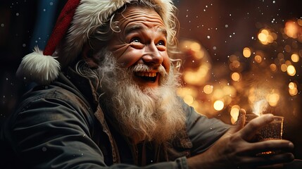 Santa Claus watching TV at home and smiling at camera, blank television screen with copy space. Cool Christmas concept. Generative AI