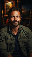 Fototapeta premium Portrait of happy mid adult man sitting on sofa at home. Handsome latin man in casual relaxing on couch and smiling. Model portrait illustration. Generative AI