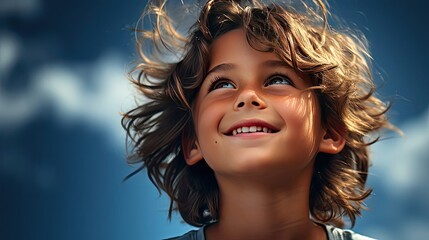 Child standing in profile blue sky with clouds on background. Boy 8 years old brunette, smiling face. Kid in yellow T-shirt. People portrait illustration. Generative AI