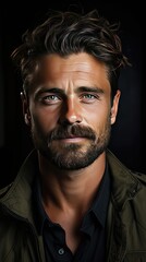 Obraz premium Closeup portrait of smiling man 30s having bristle looking at camera over background. Man portrait illustration. Generative AI