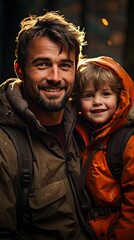 Fototapeta premium Father and son in the park. Fathers day silhouette happy family child dream concept. father carries his son on his back. People portrait illustration. Generative AI