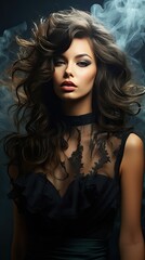 Beauty fashion portrait of young beautiful brunette girl with long black straight flying hair. Magnificent hair. Smoky eyes. Vogue style. Model illustration. Generative AI