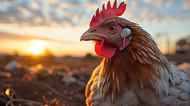 A chicken sunset. Farm organic hen. Agriculture environment illustration. Generative AI