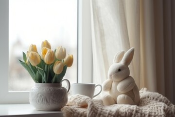 Bouquet of graceful yellow tulips in white vase. Decorative cozy floral arrangement and bunny statue. Generate ai