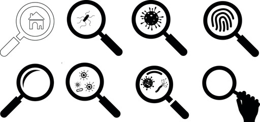 Magnifying glass vector illustration set, perfect for search, investigation, discovery themes. Features various items house, virus, fingerprint, bug, hand. l for detective, science, research themes. - obrazy, fototapety, plakaty