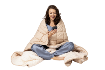 PNG, girl with phone, isolated on white background.