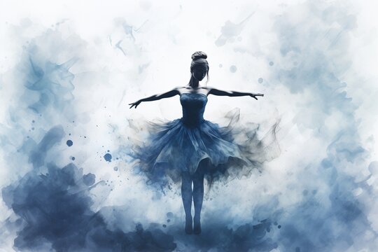 Fototapeta A young beautiful ballerina in a fluffy dress on stage in clouds of smoke and spotlights. Watercolor. Generated by artificial intelligence
