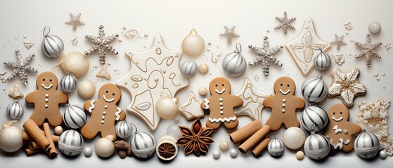 Christmas background, flatlay in stile of illutration, with christmas gingerbread man, christmas sock and diffrent shape in stile of illustration.