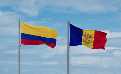 Colombia and Andorra national flags, country relationship concept