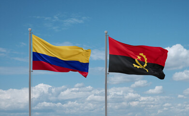 Colombia and Angola national flags, country relationship concept