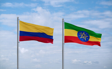 Ethiopia and Colombia flags, country relationship concept