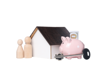PNG, A toy wooden house with a key and a piggy bank, isolated on white background