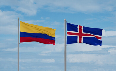 Iceland and Colombia flags, country relationship concept