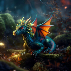 Obraz premium 3d rendering of a fantasy dragon on a mossy background.