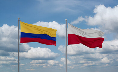 Poland and Colombia flags, country relationship concept