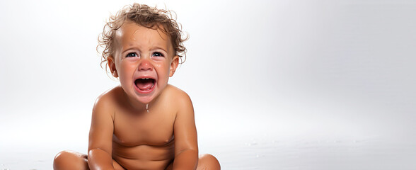 white little baby baby boy crying screaming on white isolated background