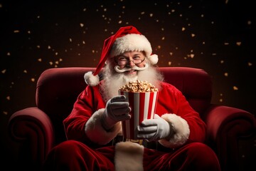 Santa Claus eating popcorn, in a cinema, smiling, at Christmas eve. Generative Ai - 666960012