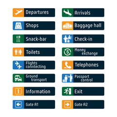 Airport sign departure arrival travel icon. Airport navigation design signboard set. Airport board airline sign, departures, arrivals, check in, baggage information. Eps10 vector illustration.