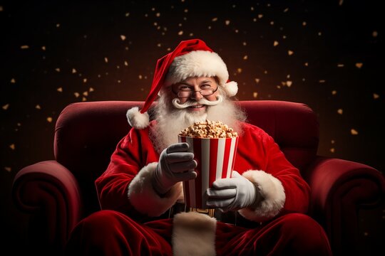 Santa Claus eating popcorn, in a cinema, smiling, at Christmas eve. Generative Ai