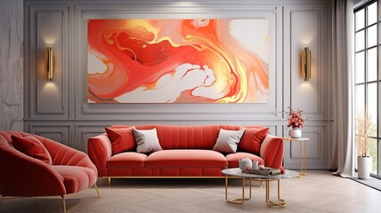 Red waves, swirls, and gold painted splashes make up this abstract marbled ink painted painting texture luxury background banner..