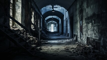 Haunted footsteps echoing through an old, decrepit asylum - obrazy, fototapety, plakaty