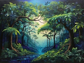 Digital painting of a tropical forest with a stream running through the jungle
