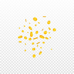 Bitcoin coins falling. Cryptocurrency scattered