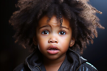 surprised cute curly black baby boy on dark background