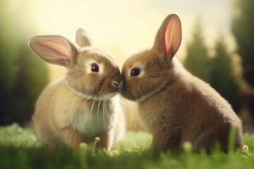 Fototapeta premium Cute bunnies playing together. Fluffy domestic adorable rabbits on green grass. Generate ai