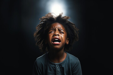 black child boy screaming crying on dark isolated background