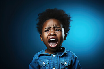 black child boy screaming crying on blue isolated background - obrazy, fototapety, plakaty