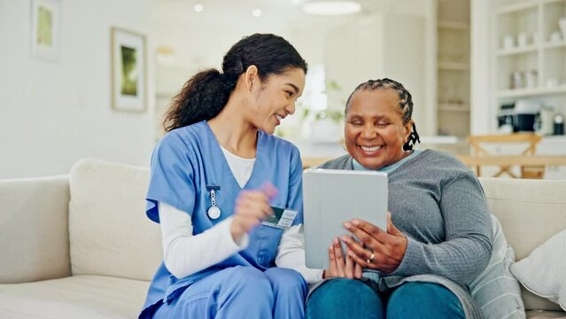 Tablet, patient and happy woman, caregiver and thumbs up for good health news, wellness feedback and medical exam. Emoji like sign, nursing home client and volunteer nurse talk about success results