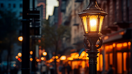 Victorian lamp post in an urban setting. City Street feeling and evening look. Shallow field of view. - obrazy, fototapety, plakaty
