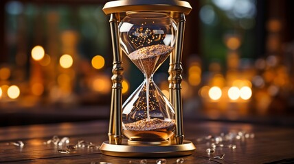 Close-up of a golden hourglass on a table with a moody backdrop and a clock motif.. - obrazy, fototapety, plakaty